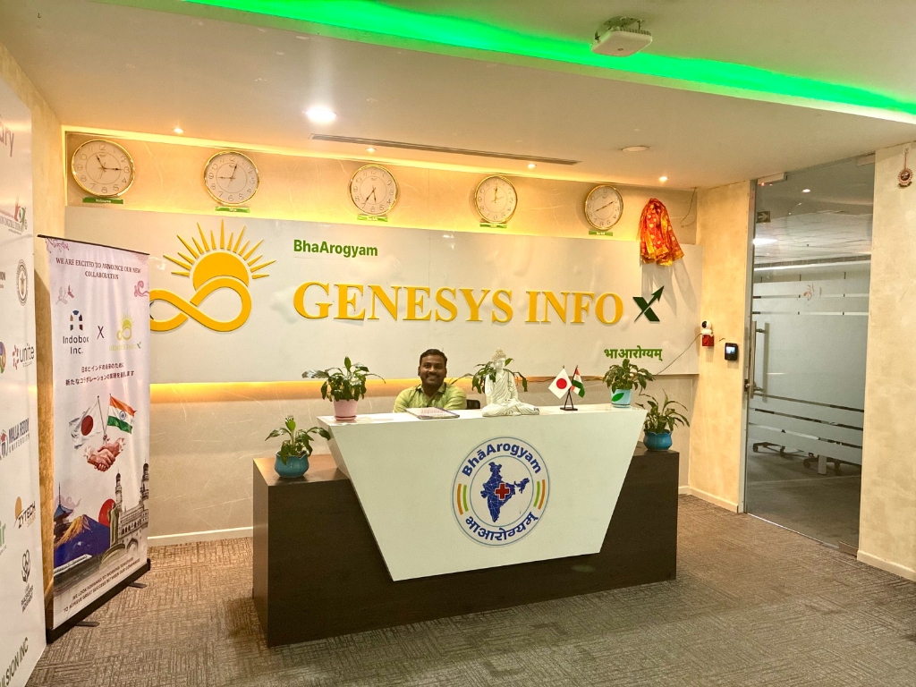 J-Gate reception desk with world timezone clocks and flags