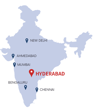 Map of India highlighting Hyderabad location along with New Delhi, Mumbai, Bengaluru, Chennai, and Ahmedabad
